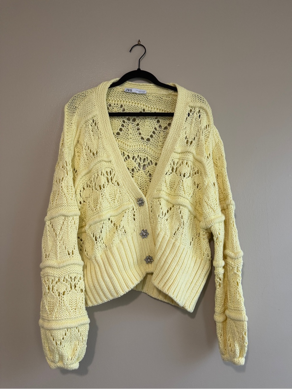 ZARA Pale Yellow Open-Weave Button Cardigan